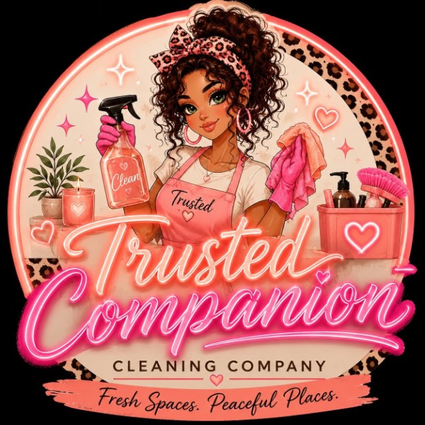 Trusted Companion Cleaning Company logo: a smiling cleaner holding a spray bottle and pink cloth